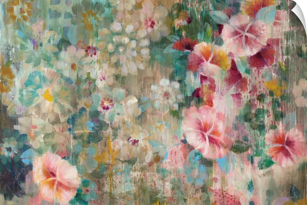 Abstract floral painting with a cool background and warm pink flowers on the foreground.
