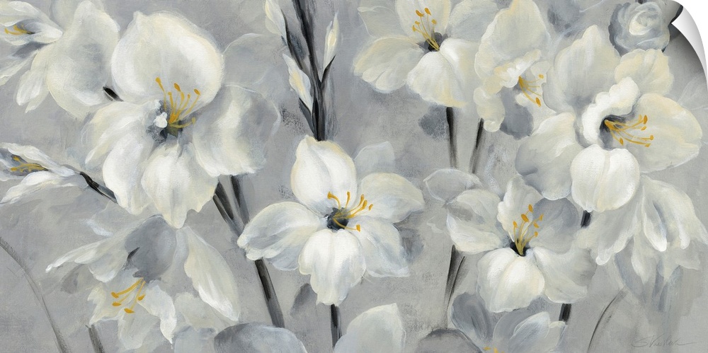 Contemporary painting of white flowers with golden centers on a grey toned background.
