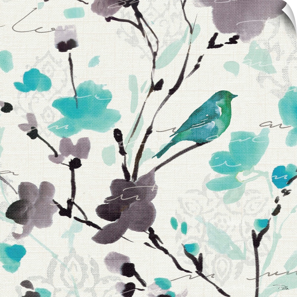 Watercolor painting of a turquoise bird perched on a branch with purple and blue flowers.