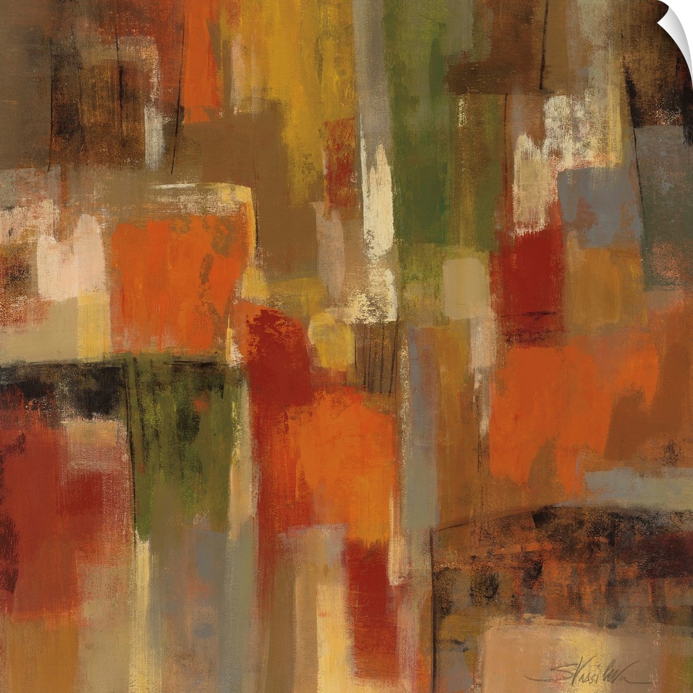 Contemporary abstract painting of rectangular blocks of color in warm tones.