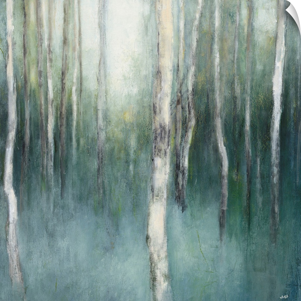 Square abstract painting of birch trees in a blue and green misted forest.
