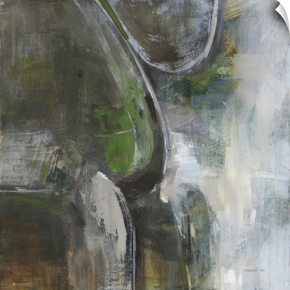 An earthy, textured abstract in neutral shades of green, brown and white wit organic shapes