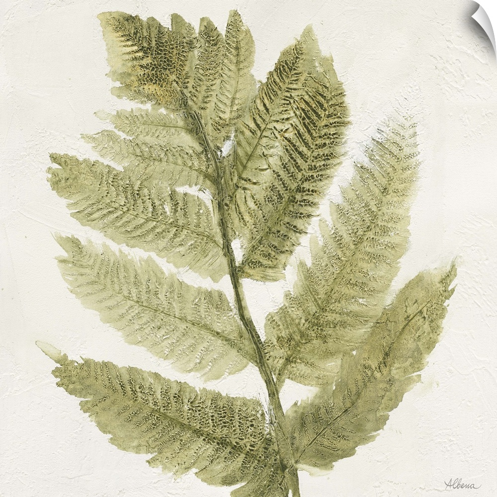 Textured painting of a fern branch on a white, square background.