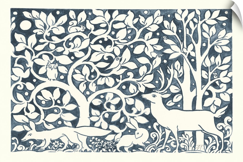 Floral indigo and white watercolor painting with woodland creatures and trees.