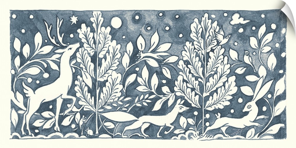 Floral indigo and white watercolor painting with woodland creatures in a wooded scene.