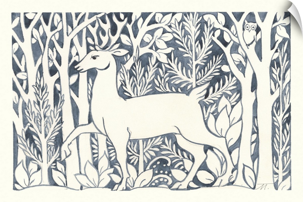 Floral indigo and white watercolor painting with a deer walking through the woods.