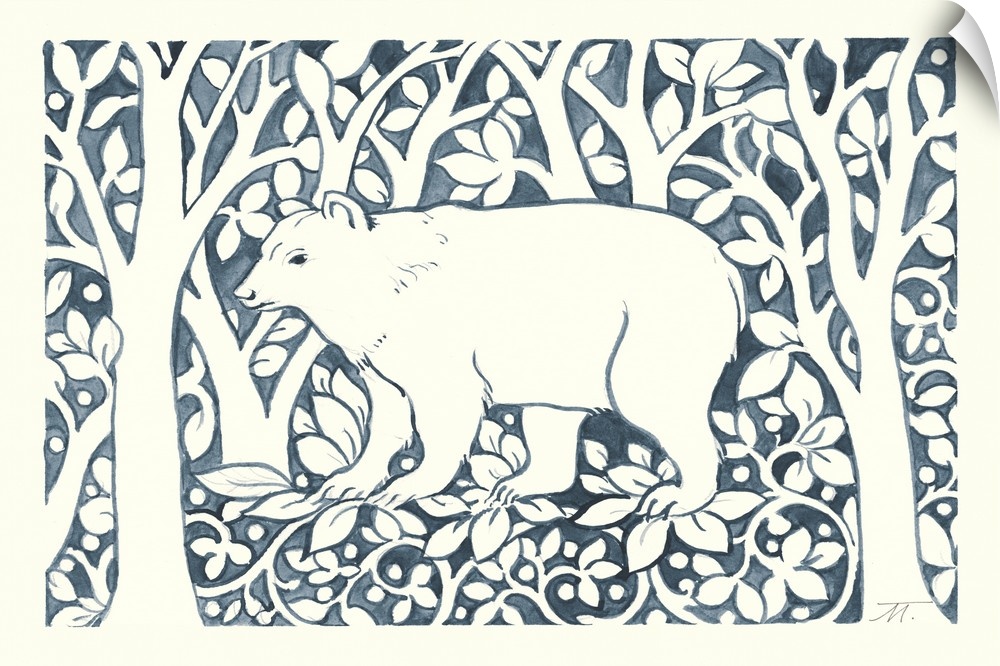 Floral indigo and white watercolor painting with a bear standing in the middle of the woods.