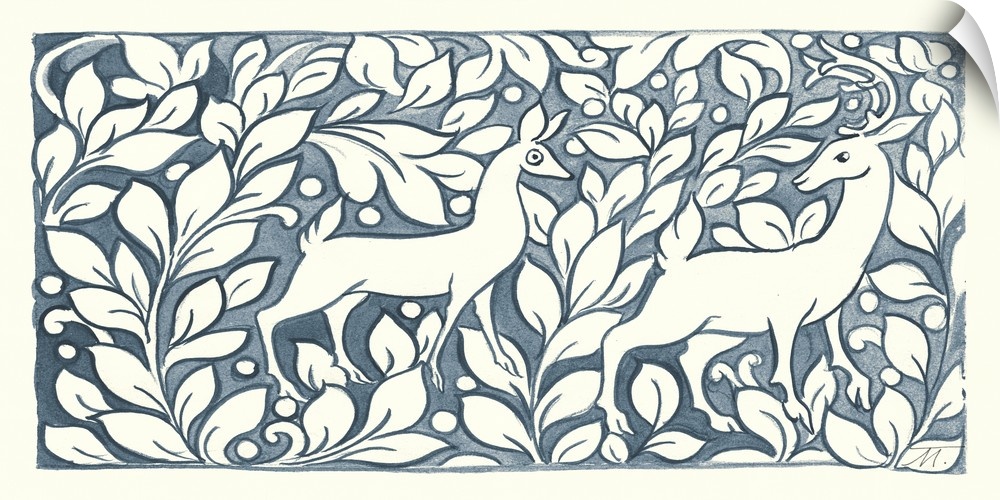 Floral indigo and white watercolor painting with  two deer in the middle.