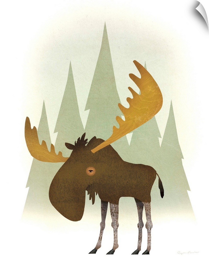 Illustration of a moose in front of green trees.