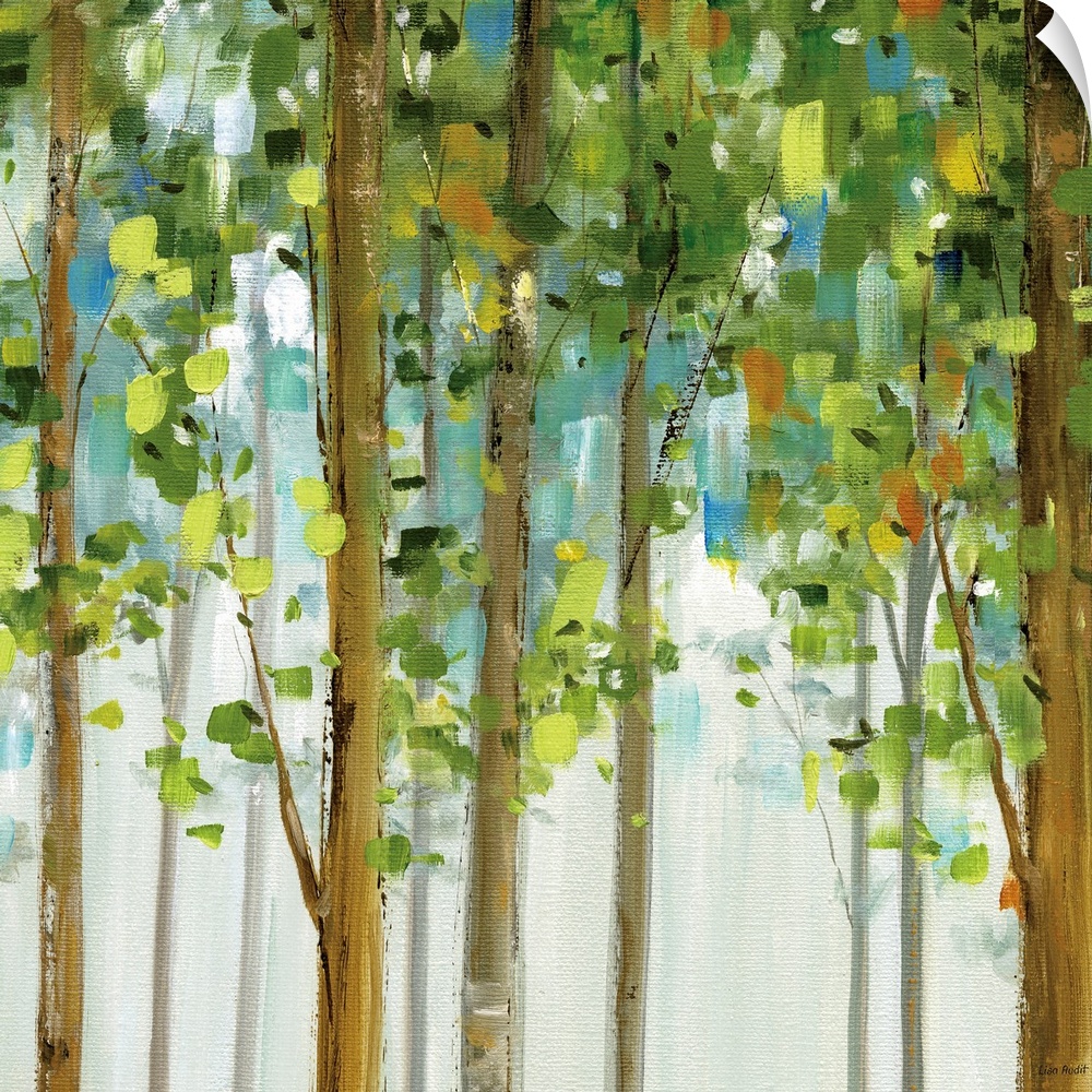 Contemporary painting of brightly colored trees.  The leaf shapes were made from short vertical brush strokes.