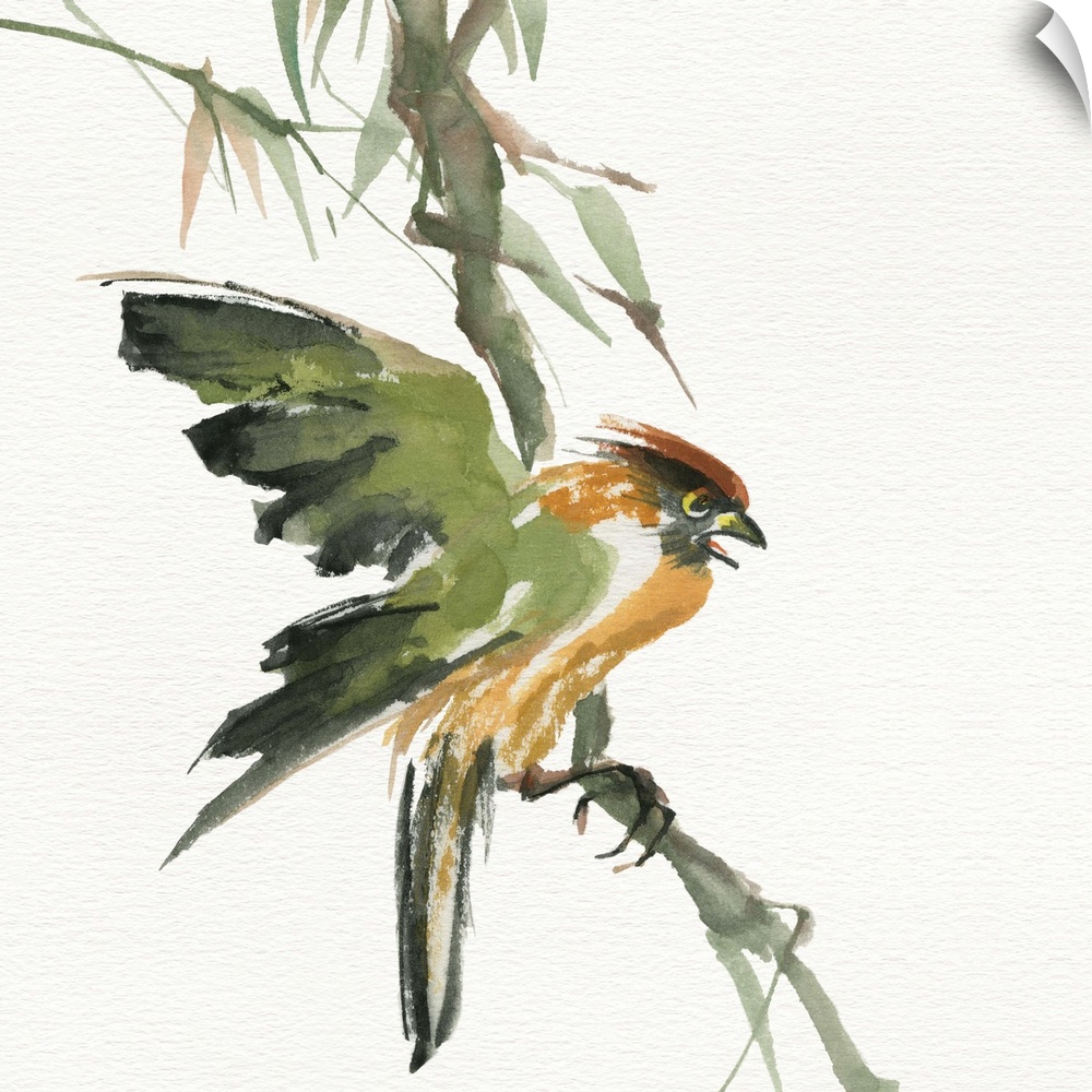 Contemporary painting of a bird perched on a drooping branch.