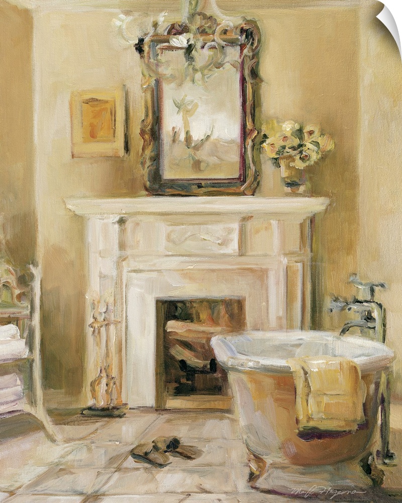 Docor for the home that is a painting of a bathroom with a claw foot tub sitting in front of a small fireplace. Slippers a...