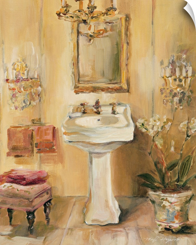 Heavy brushstroke art piece of an elegant powder room sink with wall sconces and a chandelier.
