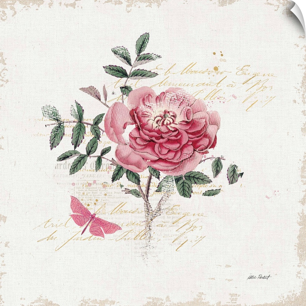 Square collage with a pink rose and butterfly on a white textured background with gold handwritten text.