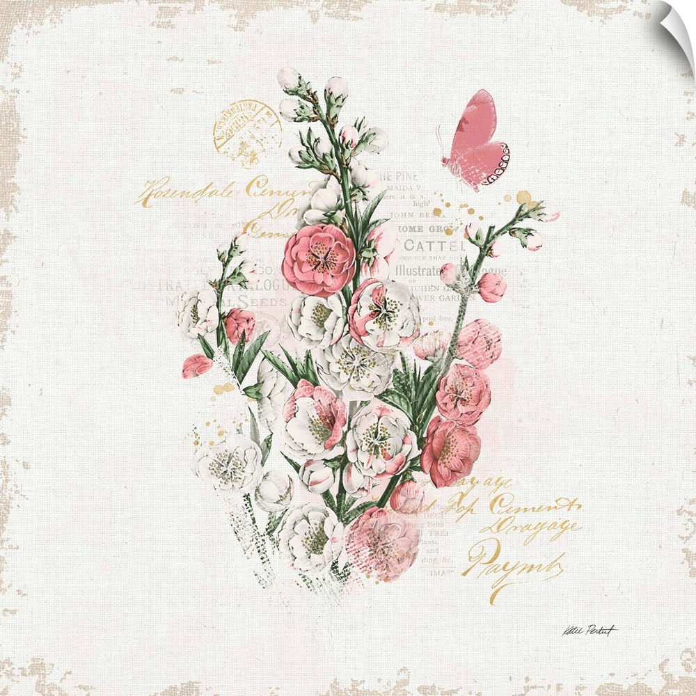 Square collage with  pink flowers and butterfly on a white textured background with gold handwritten text.