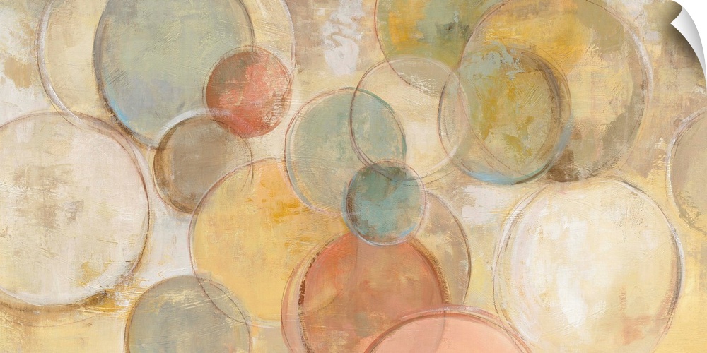Contemporary abstract painting using circles in various pale tones against a muted yellow background.