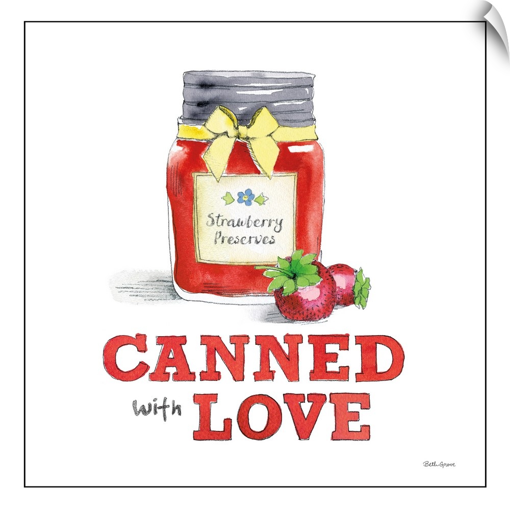 Square kitchen decor with an illustration of strawberry jam/jelly and the text "Canned With Love" written at the bottom.