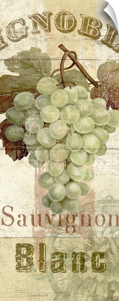 Vertical panoramic mixed media artwork of grape bunch with text above and below it.