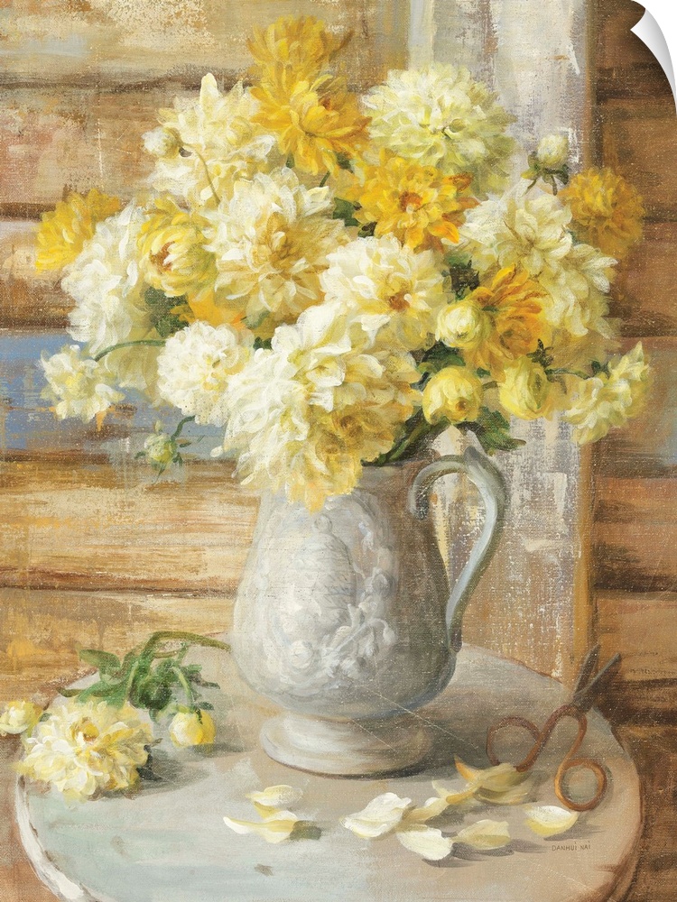 Contemporary painting of yellow flowers in jug used as a vase sitting on a table.