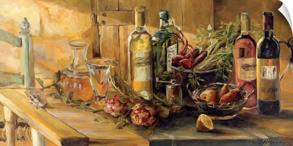A contemporary still life of wines, olive oil, lemons, pears, beets, artichokes, and fennel on a rustic table in the setti...