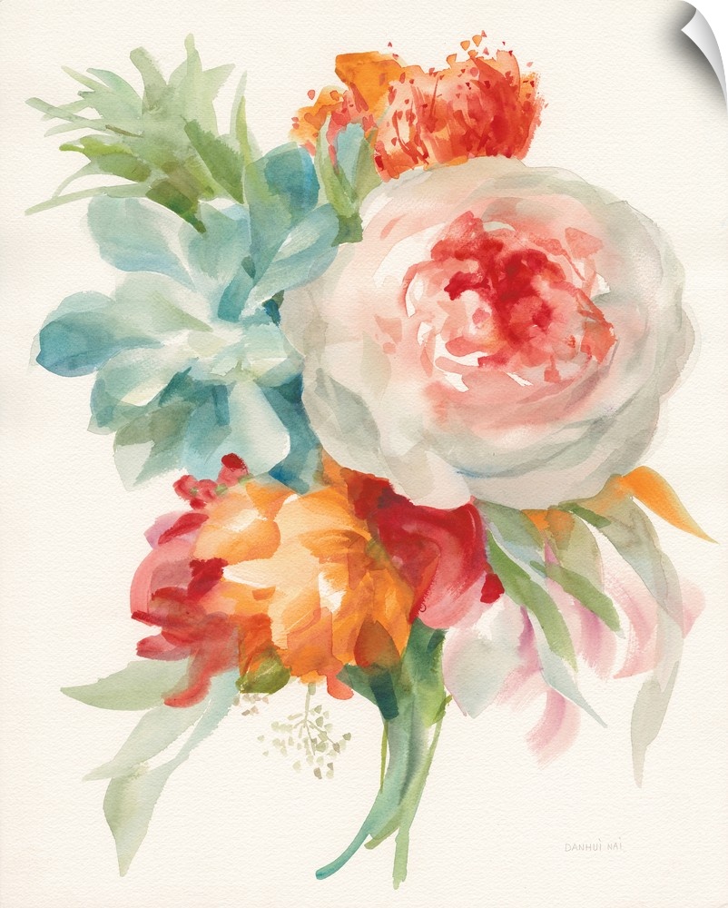 Vertical watercolor painting of a variety of flowers in pastel colors.