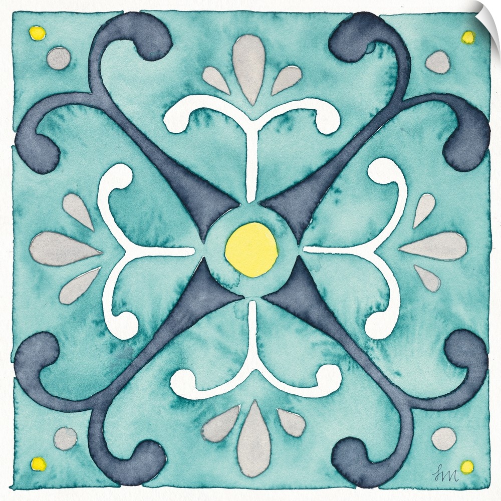 Garden style watercolor tile made with shades of blue, gray, yellow, and white on a square canvas.
