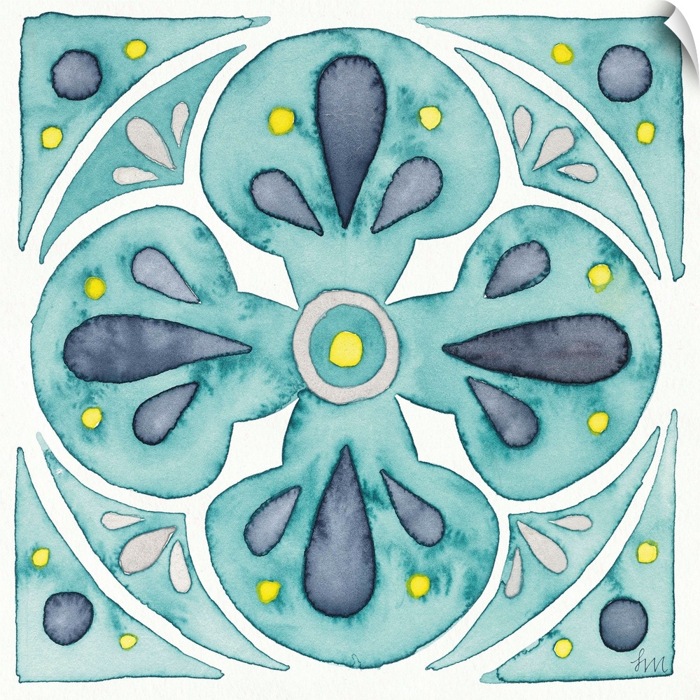 Garden style watercolor tile made with shades of blue, gray, yellow, and white on a square canvas.