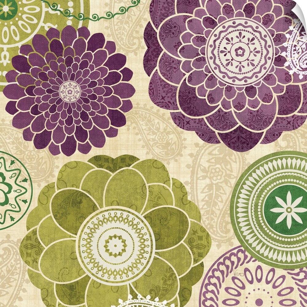 Contemporary artwork of purple and green flowers hovering over a neutral toned patterned background.
