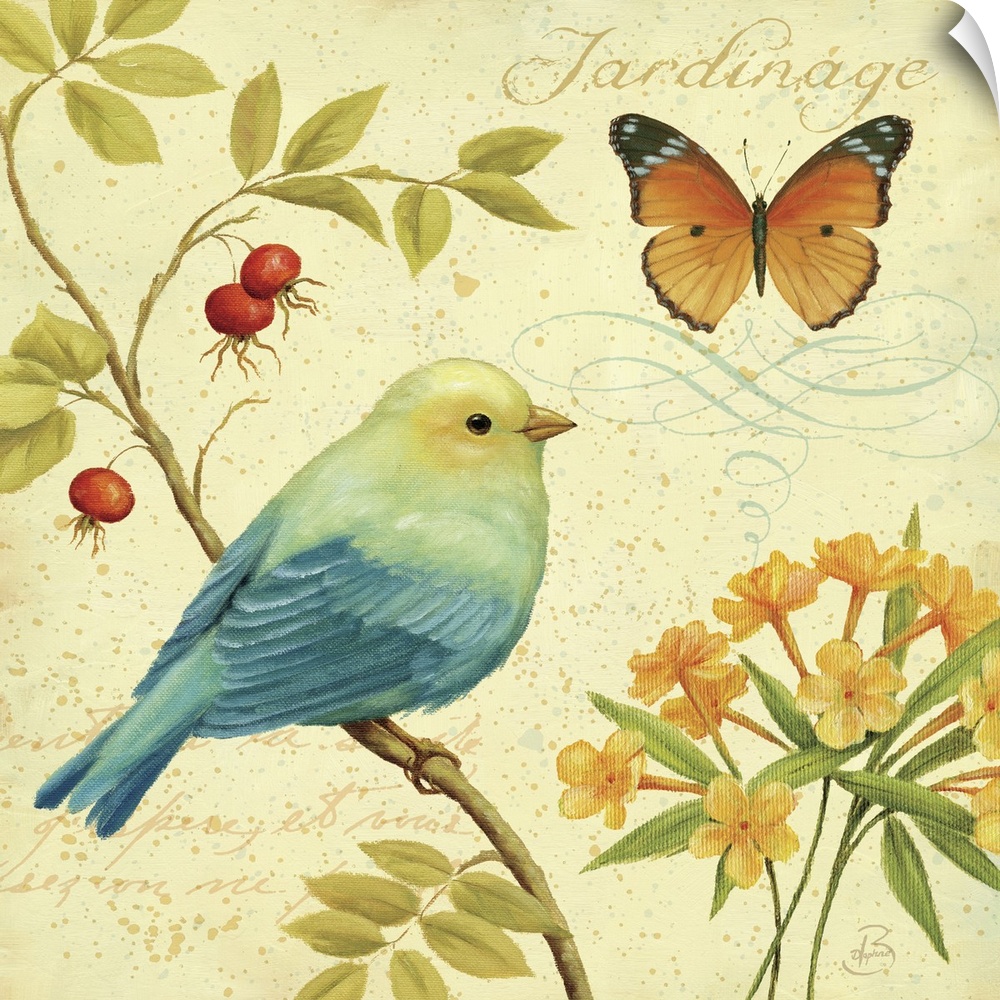 Square painting on canvas of a bird sitting on a limb with a butterfly fluttering above.