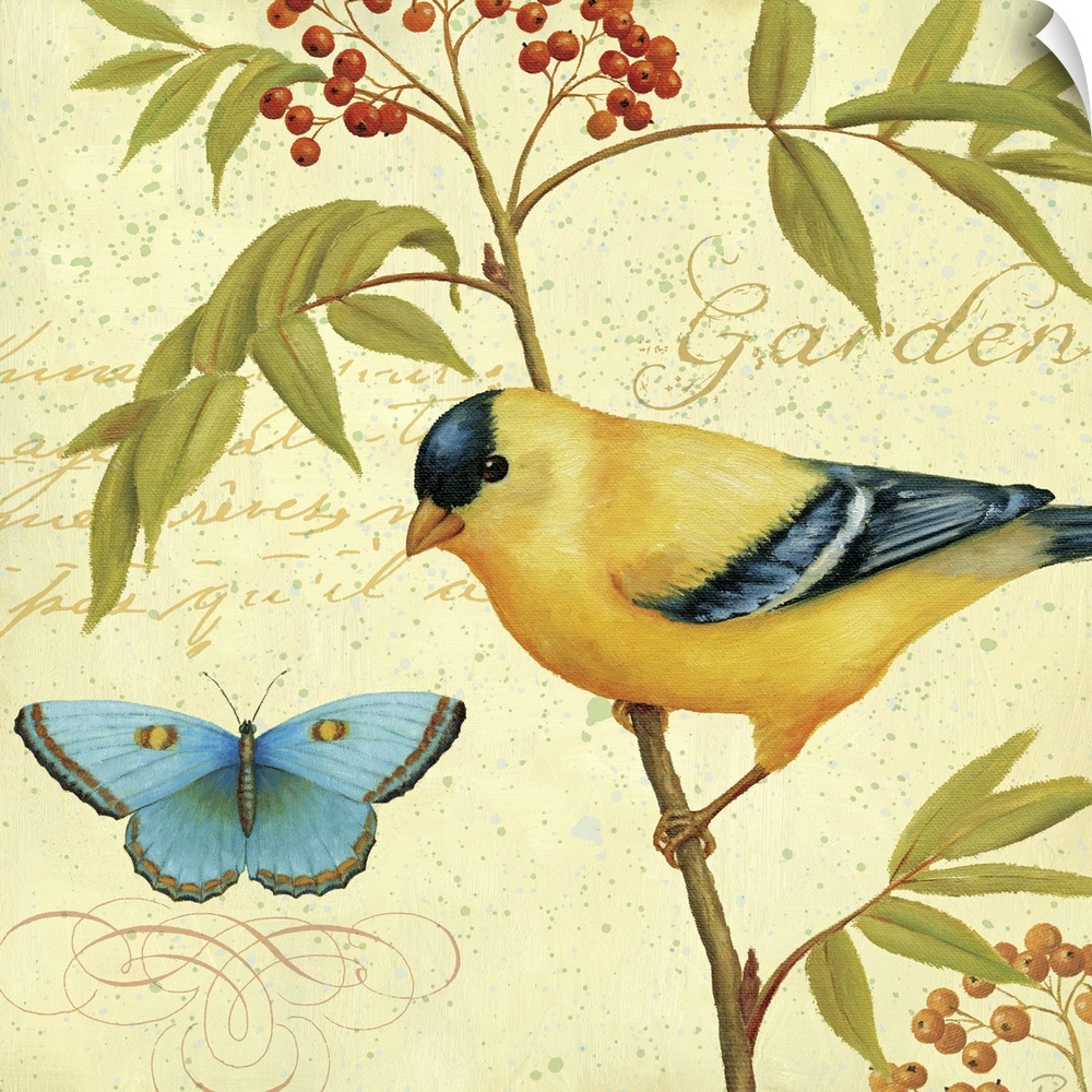 Painting on a square canvas of a bird sitting on a branch looking at a butterfly.