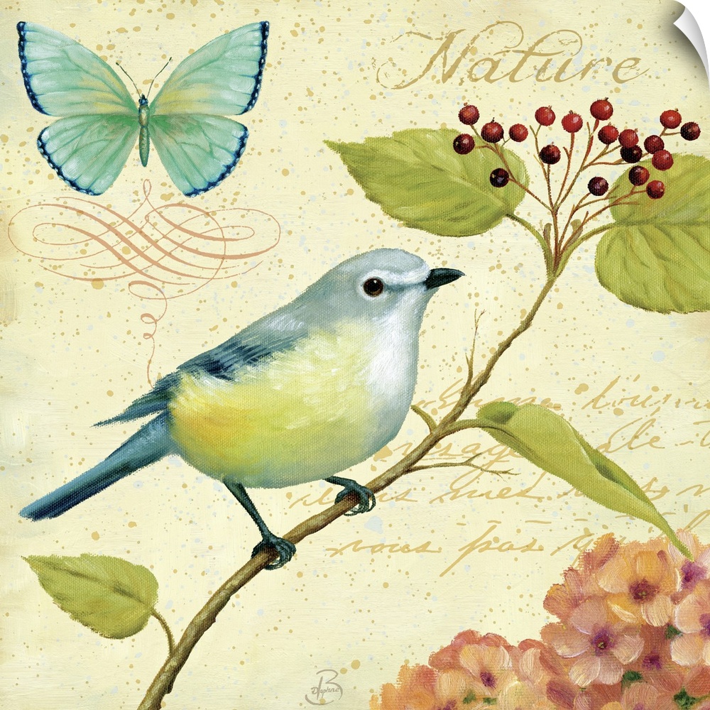 Home docor art piece of a bird sitting on a single berry branch with a butterfly and hydrangea plant surrounding the sides.