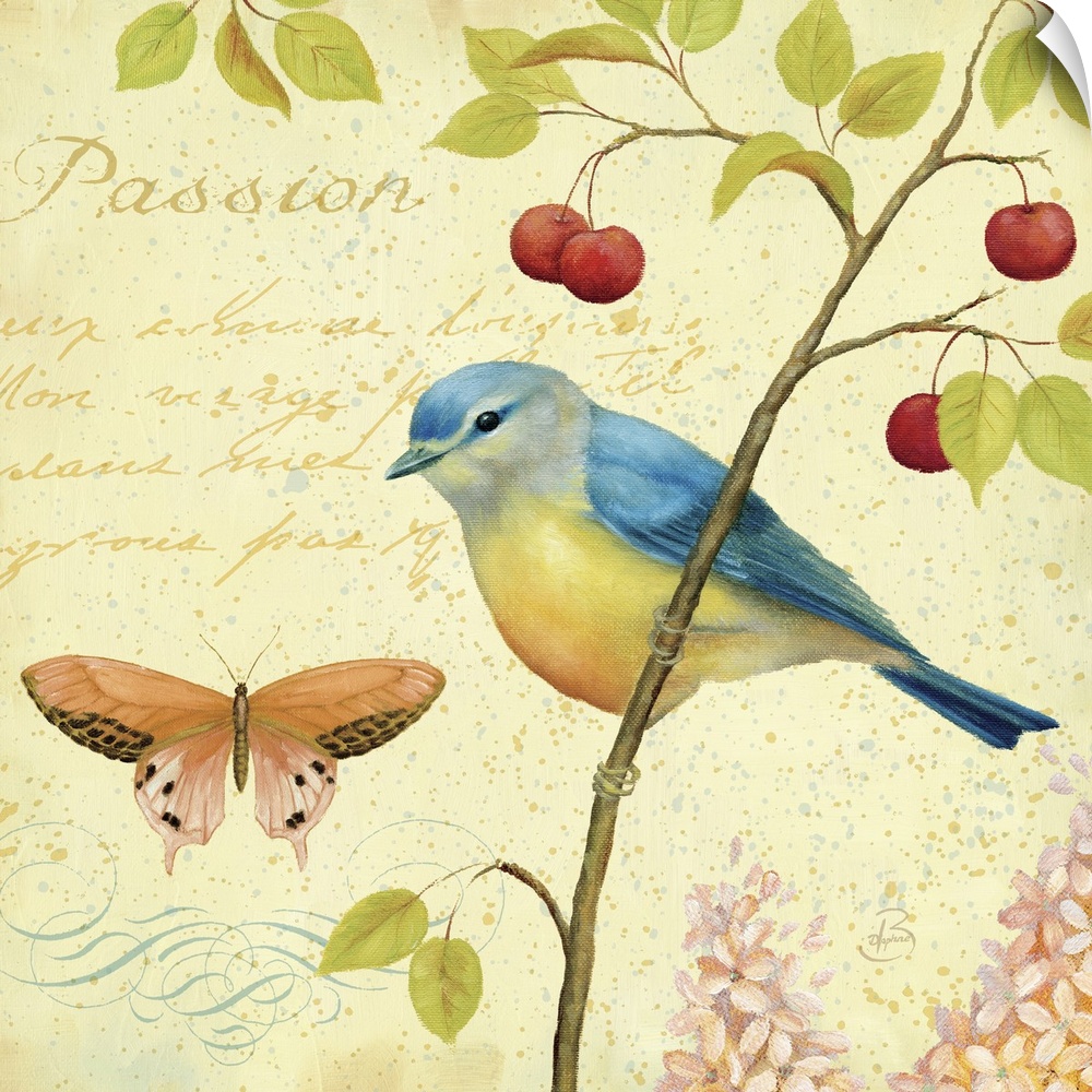 Square home art decor on a large canvas of a bird perched on a thin branch of leaves and berries, next to a butterfly with...