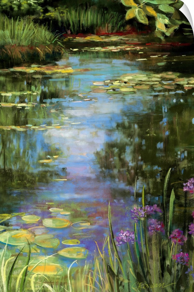 Big vertical painting of a garden water scene with flowers, water lillies, grasses, trees and other wild growth in cool an...