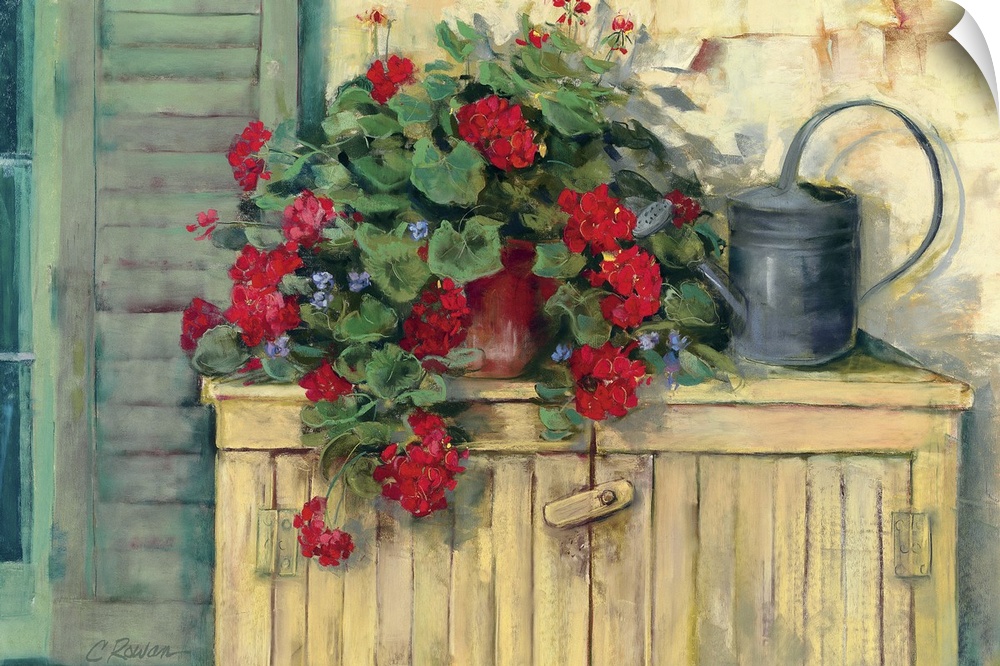 Contemporary painting of a potted plant and an old-fashioned watering can on a wooden storage crate next to a window.