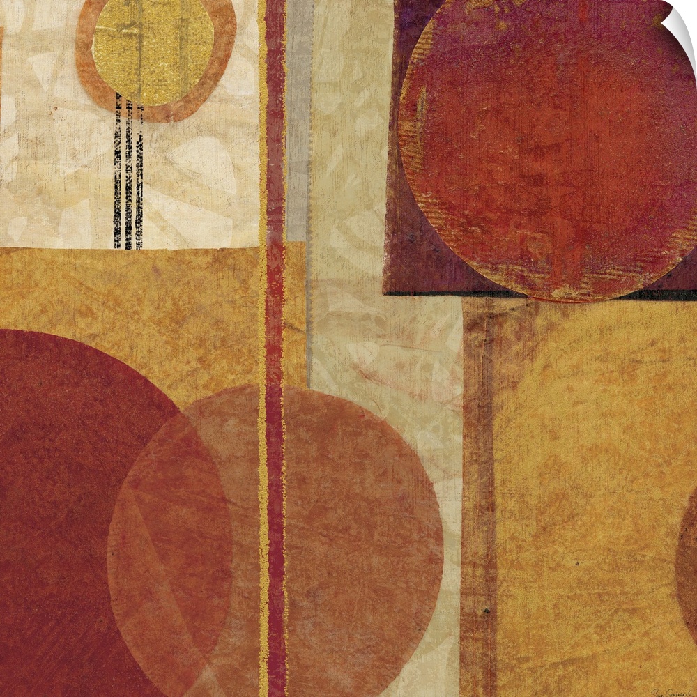 Contemporary abstract painting of overlapping squares, circles, and vertical lines.