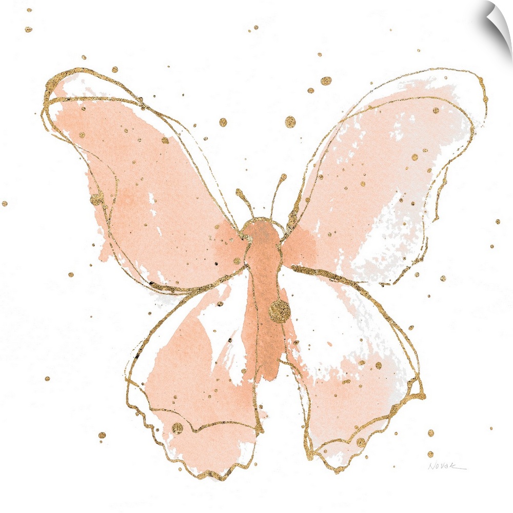 A square watercolor painting of a peach butterfly outlined in gold with gold splatters.