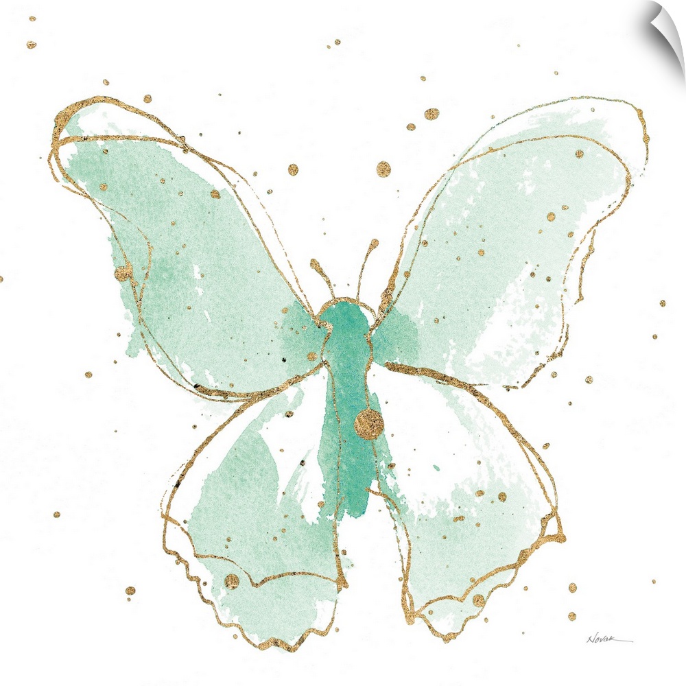 A square watercolor painting of a mint green butterfly outlined in gold with gold splatters.