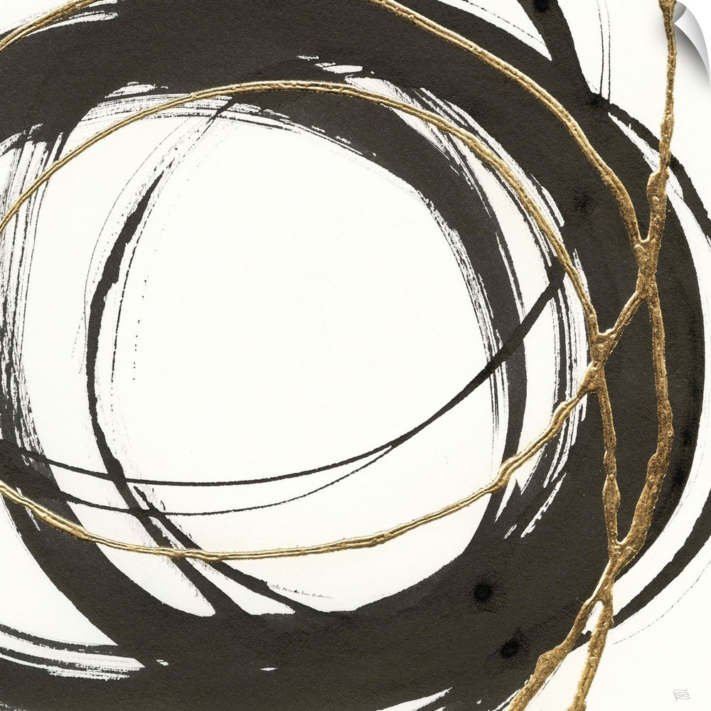 Abstract painting with black and gold circles layered on top of each other on a white, square background.