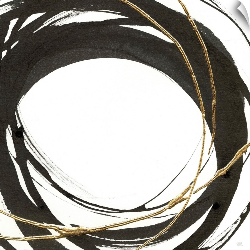 Abstract painting with black and gold circles layered on top of each other on a white, square background.