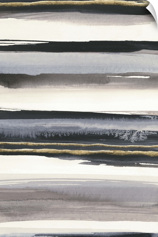 Abstract contemporary painting with horizontal stripes in black, grey, and gold.