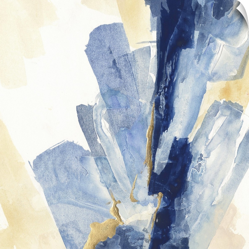 Abstract contemporary painting with broad strokes of blue and gold.