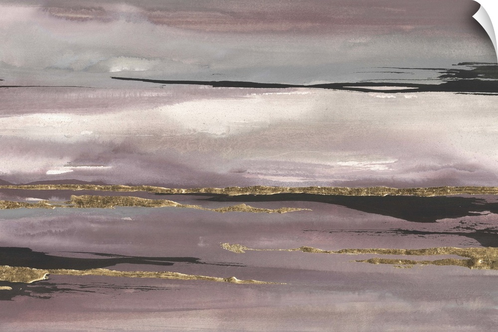 Abstract artwork in purple shades with gold accents, resembling looming stormclouds.