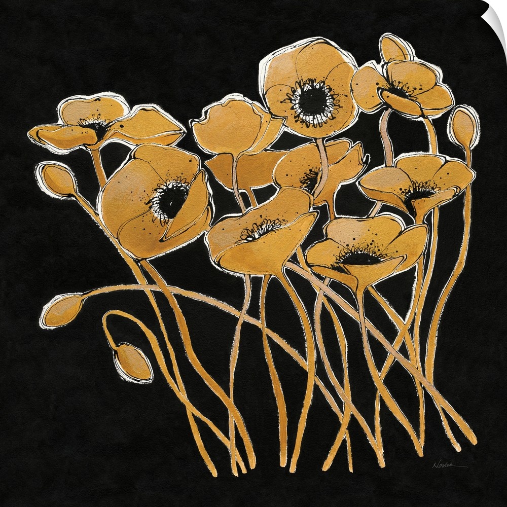 Square painting of metallic gold poppy flowers with black centers on a solid black background.