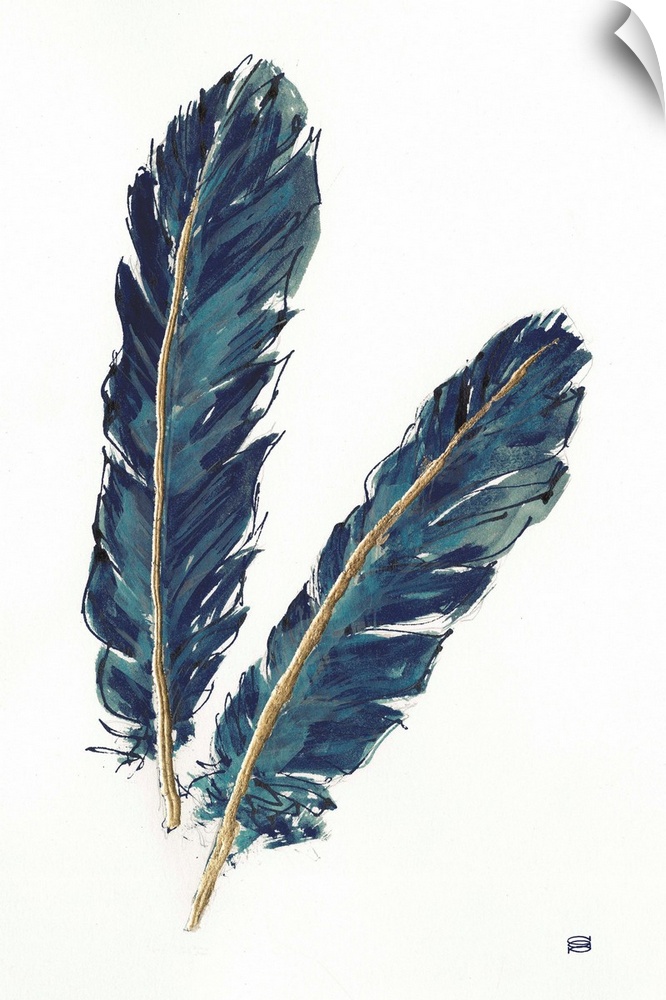 Large vertical painting of two feathers with metallic blue and gold paint.