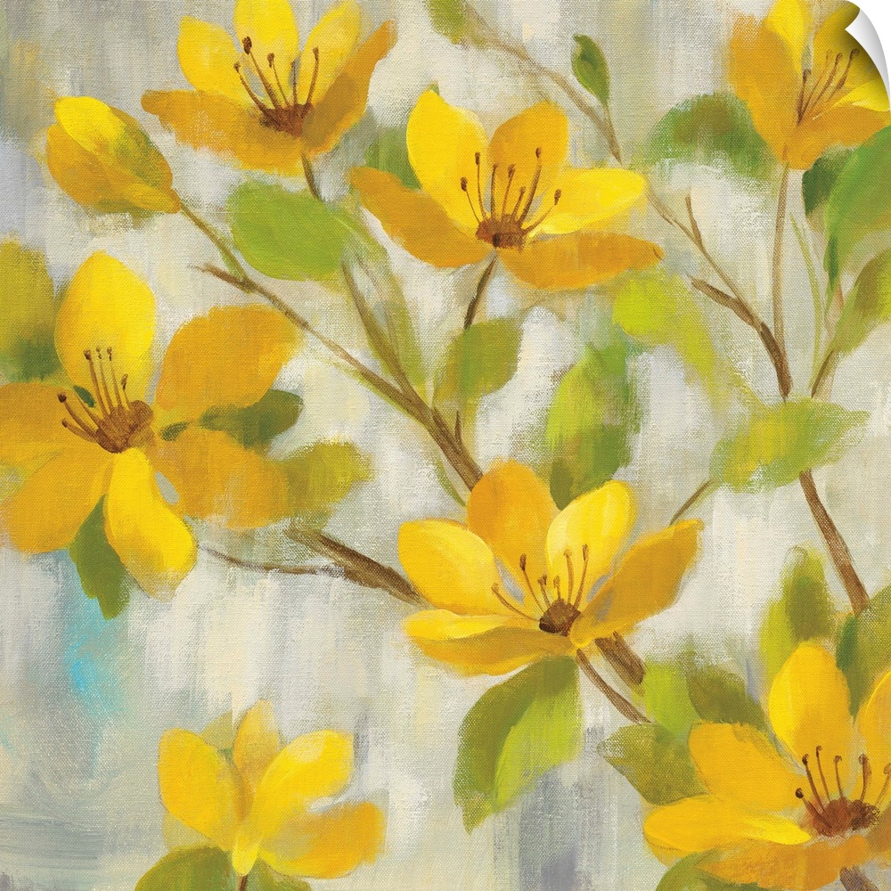 Contemporary painting of yellow flowers against a muted gray background.
