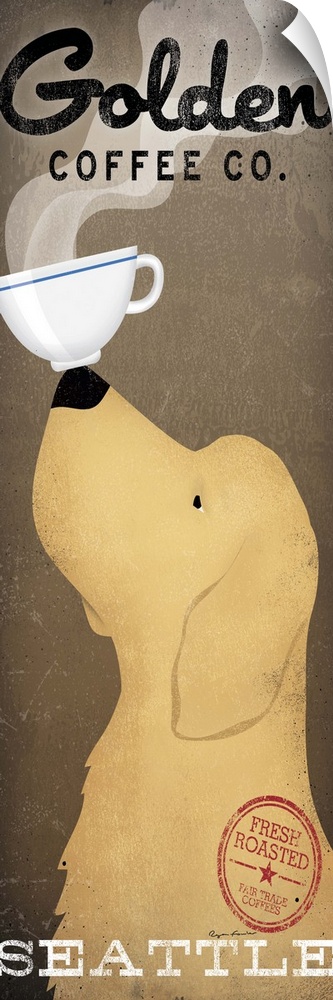 Contemporary artwork of a yellow dog in profile with a coffee cup balanced on his nose.