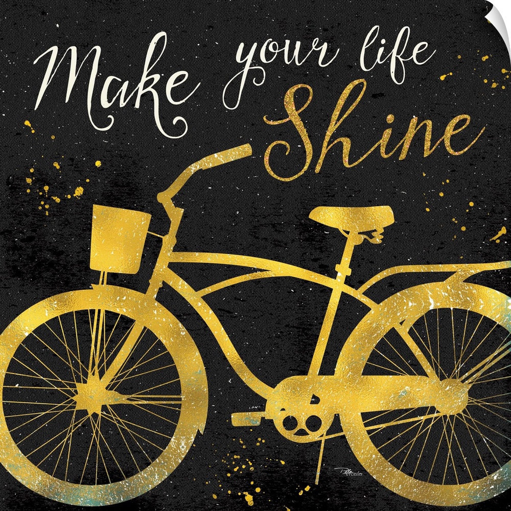 Silhouette of a bicycle in gold with "Make your life shine" above it.