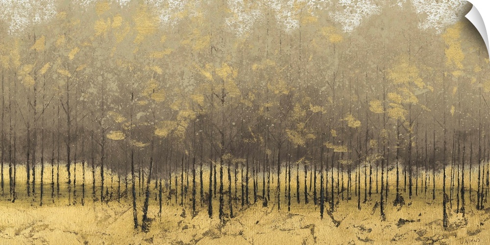 Contemporary artwork of a forest of thin trees with golden leaves.