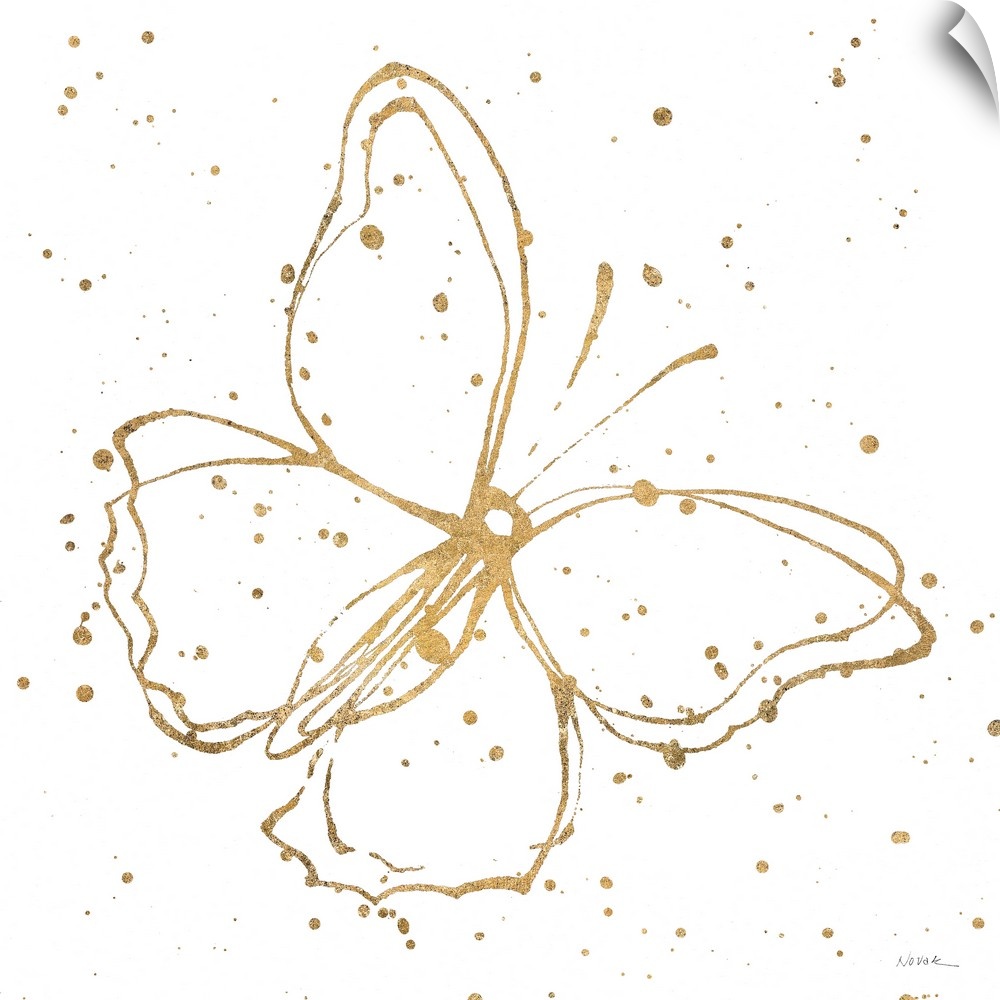 Square painting of a metallic gold butterfly with paint splatter on a solid white background.