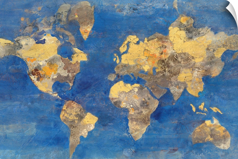 A map of the world in golden tones with a deep blue ocean.